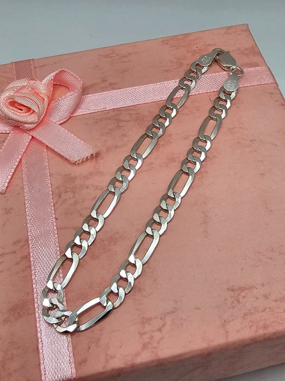 Sterling Silver 925 High Polished Diamond Cut Double Sided Figaro Bracelet 4.9mm